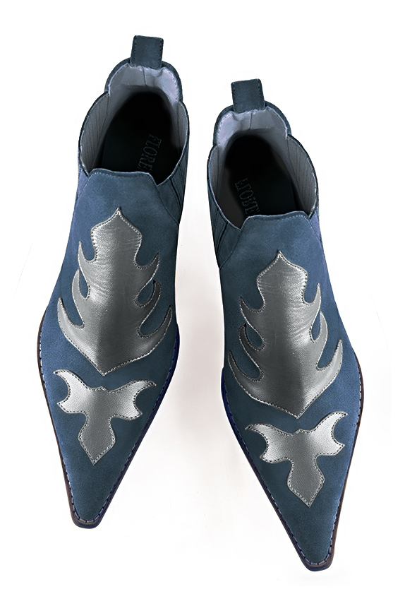 Peacock blue and dove grey women's ankle boots, with elastics. Pointed toe. Medium cone heels. Top view - Florence KOOIJMAN